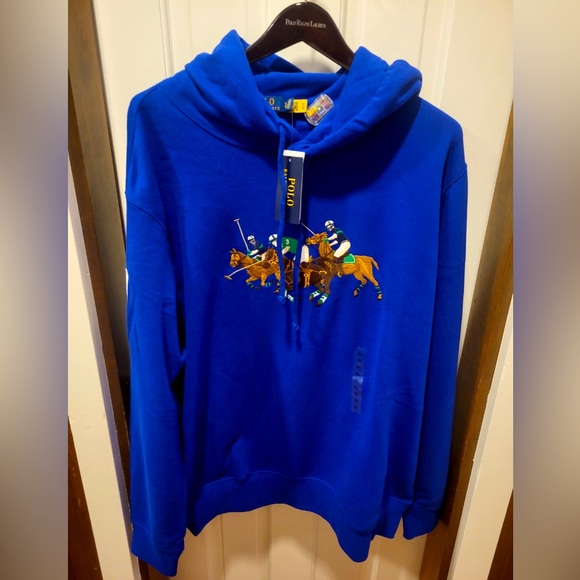 Polo Ralph Lauren Men's Three pony 3 horses Royal Blue Hoodie Sweatshirt NWT - Picture 1 of 4